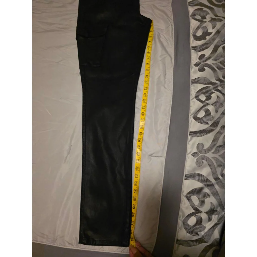 Monfrère Black Coated Cargo Pants Slim Fit Leather Look Size 38